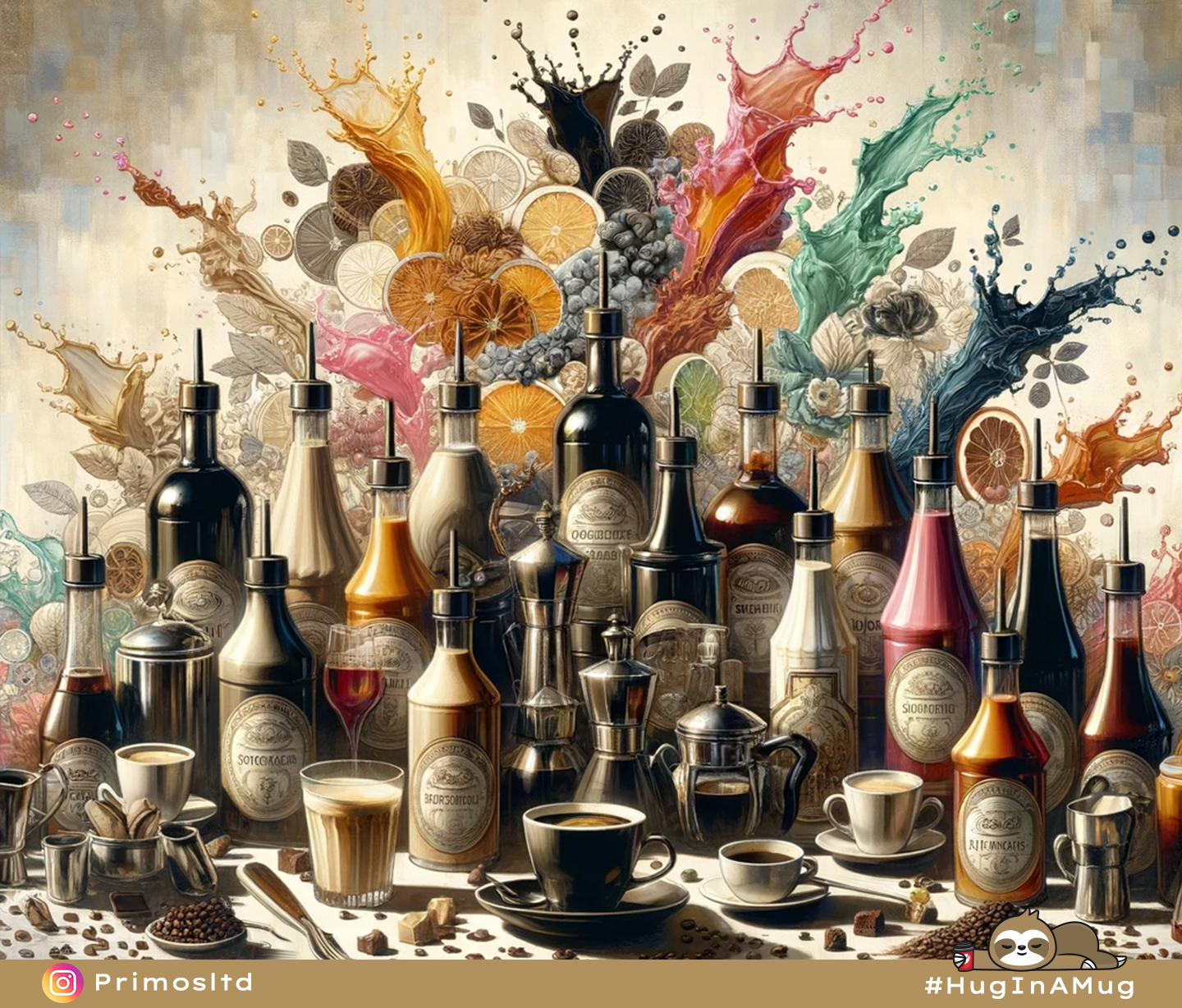 2 - BP52 - Delicious Coffee Syrups - variety of coffee syrup bottles artistically arranged - The Coffee Blog