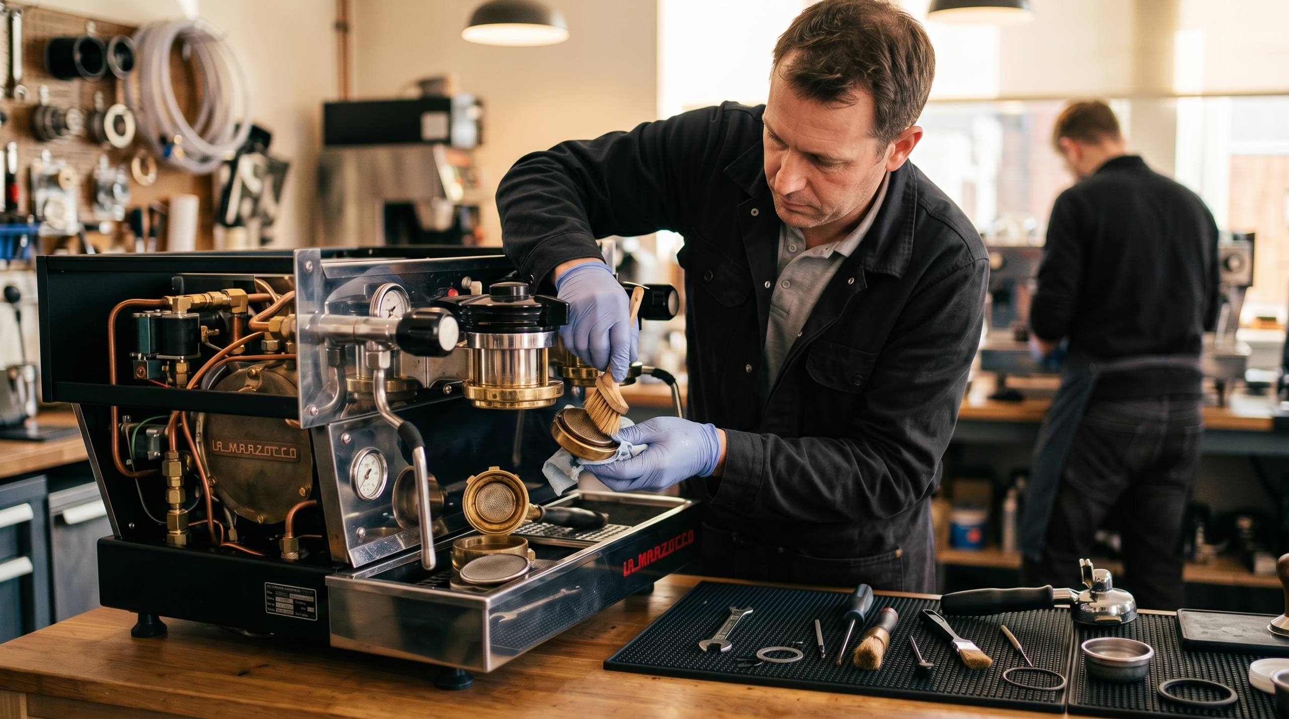 Commercial coffee machine engineer doing an annual service inspection.