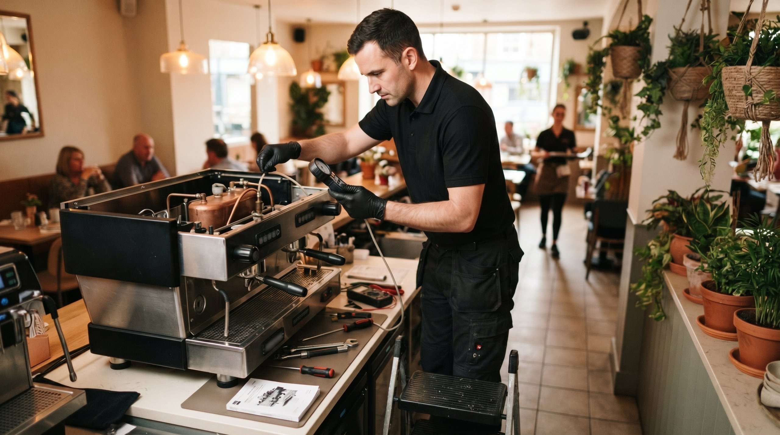 coffee machine engineer performing a PSSR inspection